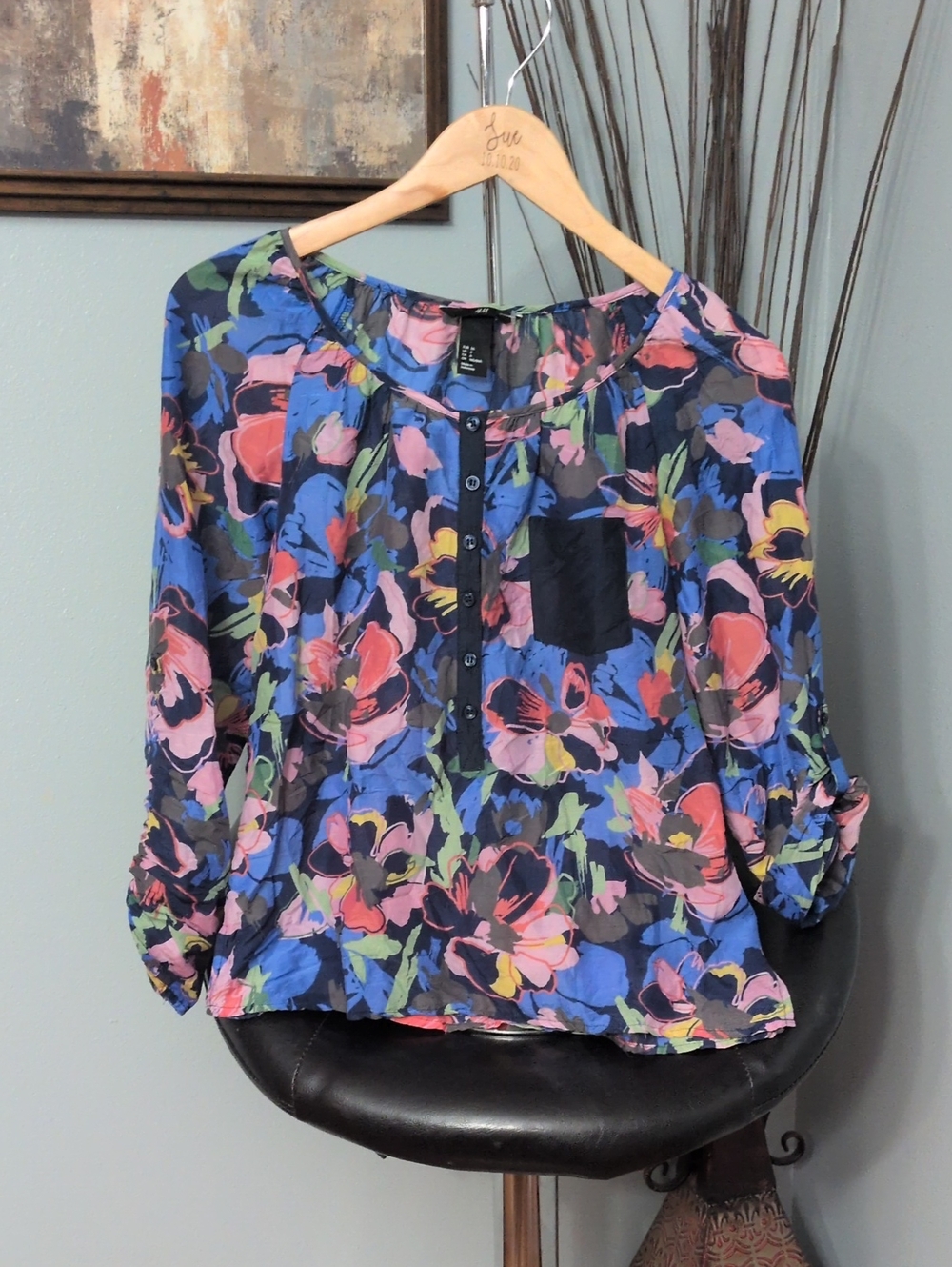 H&M Floral Henley Blouse — Blue, Pink, Green 75% Cotton and 25% Silk